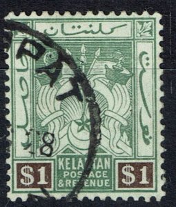 MALAYA KELANTAN SG23 1924 $1 GREEN & BROWN USED (d)