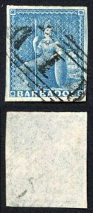 Barbados SG10 1855 1d Deep Blue on White Paper Four Margins Cat 60