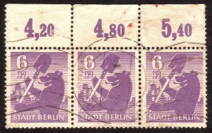 1945, Germany Berlin 6pfg, Used strip of 3, Sc 11N2