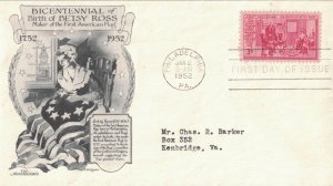 1952 FDC, #1004, 3c Betsy Ross, Aristocrats-Lowry