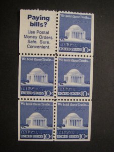 Scott 1510b, 10c Jefferson Memorial, pane of 5, Slogan 8 without tab, MNH Beauty
