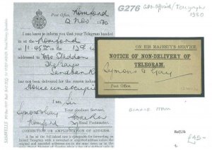 G276 1930 GPO 'Notice of Non-Delivery of Telegram' Romford Sandbanks