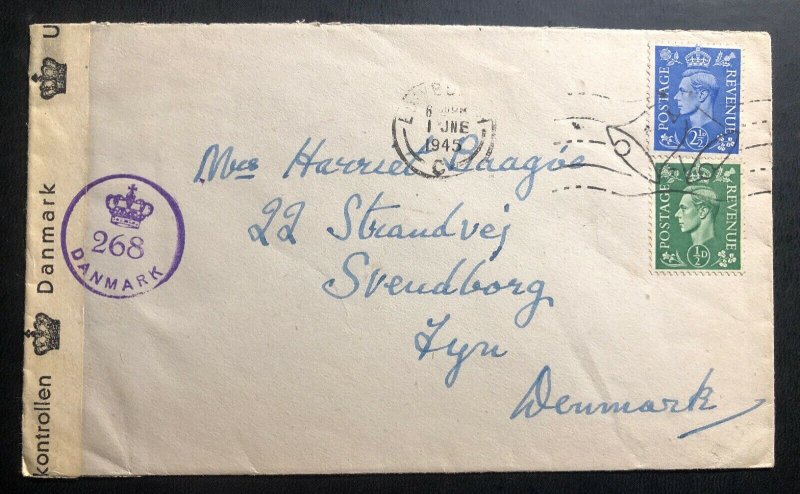 1945 Edinburgh Scotland England Censored Cover To Lyn Denmark Victory Cancel