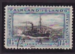 Falkland Is.-Sc#67- id9-used 1&1/2p light blue & black-Whaling Ship-1933-any rai