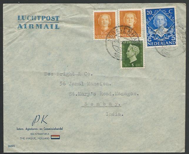 NETHERLANDS 1949 45c airmail rate cover to INDIA...........................52807