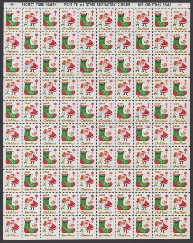 TheStampNut > 1964 CHRISTMAS SEAL SANTA & STOCKING SHEET (100) * SEE SCAN *