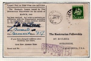 Dutch Cols SURINAME WW2 *Rosicrucian Christianity* Letter-Cover 1943 USA DL126