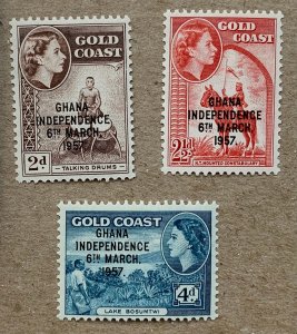 Ghana 1958 Independence overprints set of 3, MNH. Scott 25-27, CV $7.75