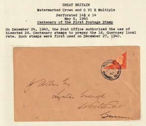 GB GUERNSEY KGV1 BISECTED 2d CENTENARY1st USED DEC 27 1940 COVER