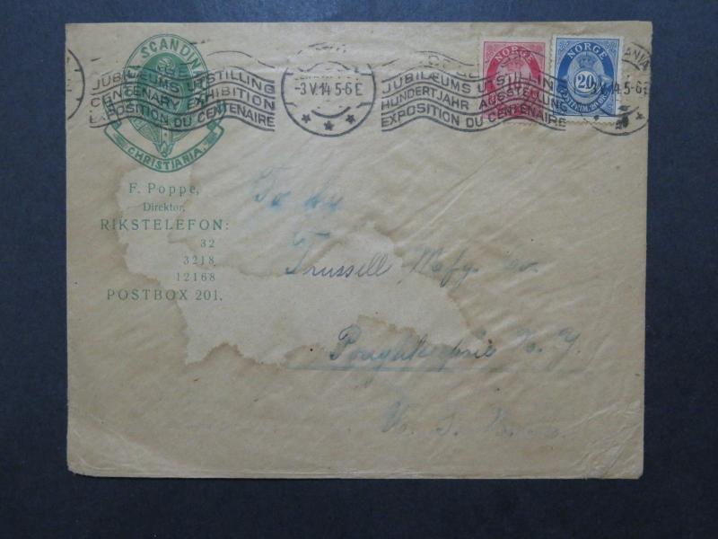 Norway 1914 Scandinavie Hotel Cacheted Cover to USA / Front Water Dmg - Z10050