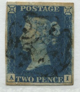 1840 2d Blue Plate 1 lettered AI with black MX and 4 margins