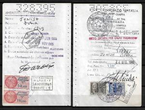 JUDAICA ISRAEL PASSPORT PAGE. CONSULAR STAMPS VISAS FRANCE, ITALY. 1965