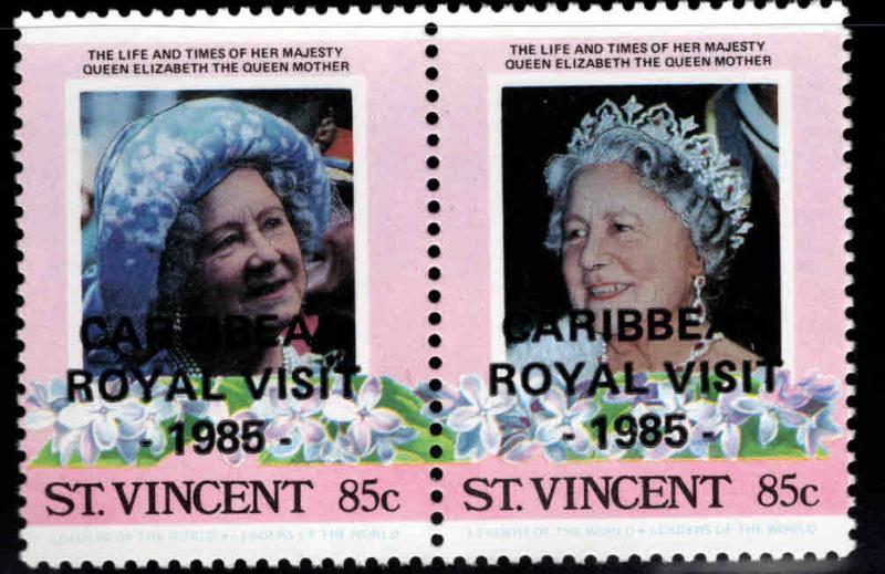 St Vincent Scott 888 MNH** Royal Visit 1985 overprint on Queen pair