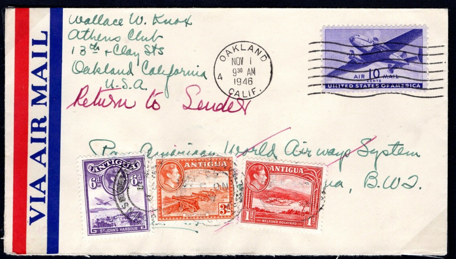 Munching belasting meer en meer USA Air Mail Cover California Oakland ANTIGUA RETOUR Aviation 1946 Y102b |  United States, Stamp / HipStamp