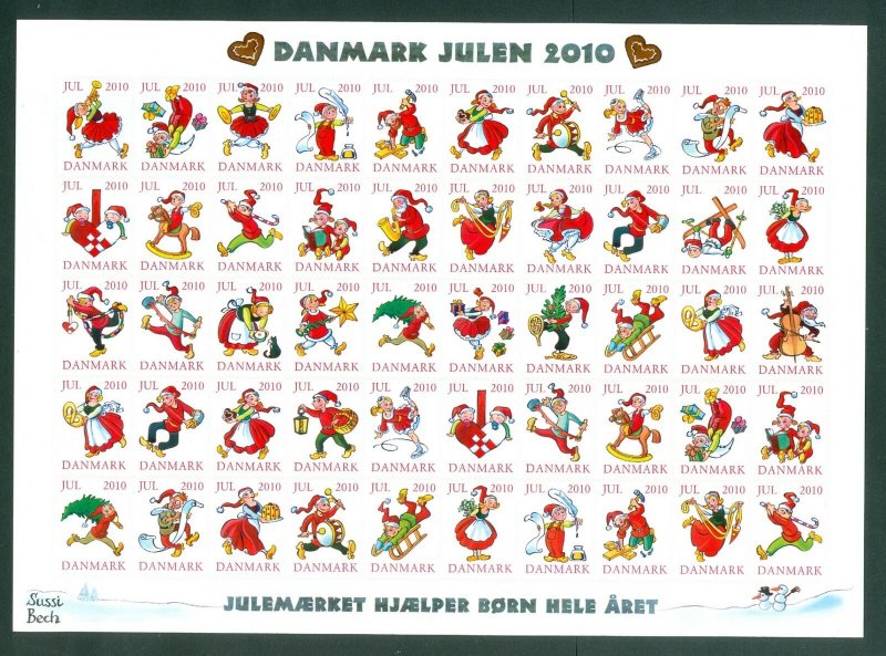 Denmark. Christmas Sheet Unfolded Mnh 2010. Self-Adhesive. Santa,Cat,Music,Ski.