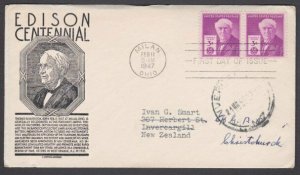 USA 1947 EDISON - C Stephen Anderson FDC to New Zealand....................M468