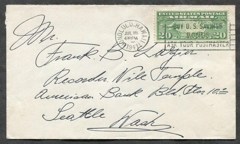 p673 - HONOLULU Hawaii 1941 Airmail Cover to Seattle. 20c Line at Bottom Margin