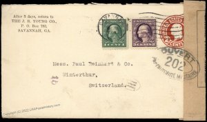 USA 1918 Savannah GA Switzerland Transatlantic Cover Censor Upfranked Post 81930