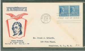 US 845 1939 5c James Monroe (presidential/prexy series) coil line pair on an addressed (typed) first day cover with a fidelity c