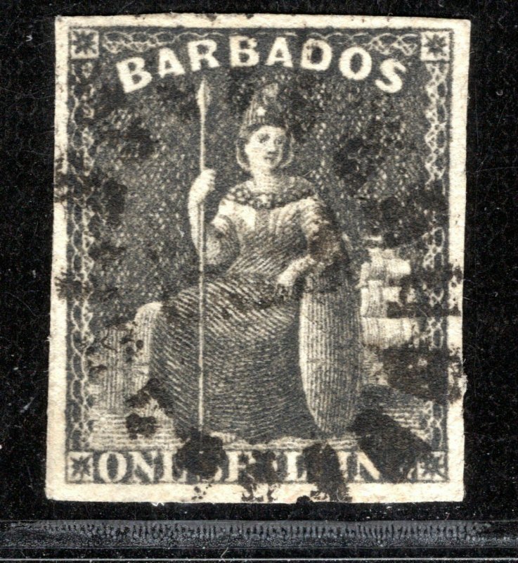 BARBADOS QV Stamp SG.47var 1s *ERROR IMPERFORATE* Britannia (1870) Used YBLUE57