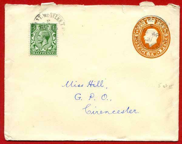 EP63 KGV 2d Orange Size H Envelope Used Uprated