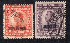 Yugoslavia 1924 20p on 60p & 5d on 8d Surcharge, Scott 27-28 used, value = 85c