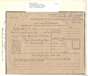 Malaya - Kedah 1940 Gov't of Kedah Telegraph Money Order form for R56a to Indi