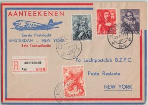 Netherlands 1946 First Flight Cover FFC Registered Amsterdam to New York 