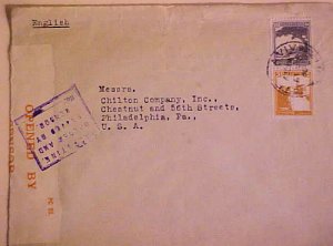 PALESTINE  CENSOR MARC 1940 TEL AVIV TO USA #67,73 BOTH ON RIBBED PAPER