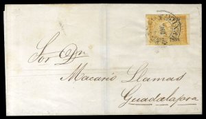 Mexico #23, 1864 2r orange, overprinted Mexico, used on outer FL to Guadalajara