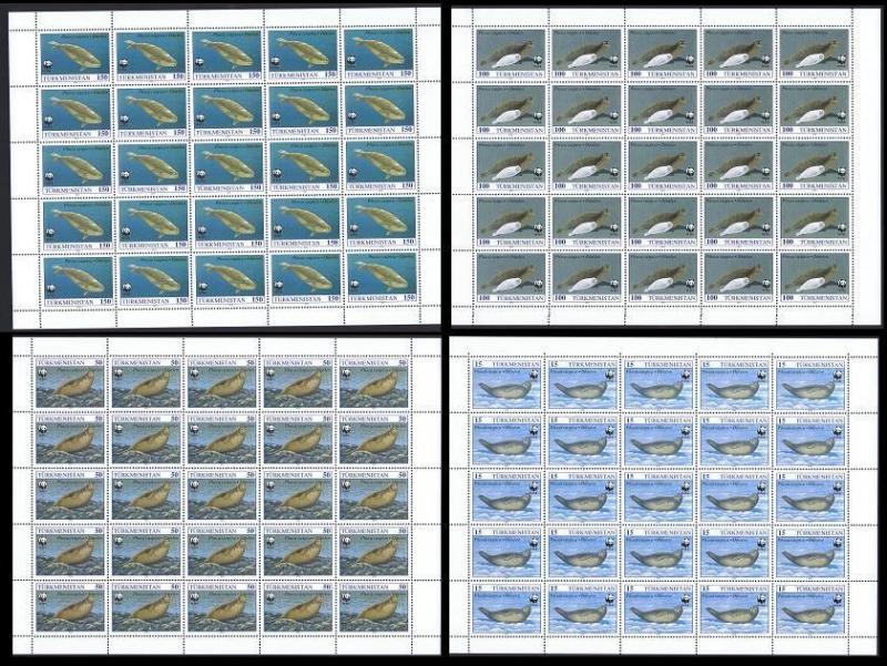 Turkmenistan 1993 Sc#35/38  WWF Caspian Seals Marine Life 4 Sheetlets of 25 each