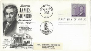 1958 FDC, #1105, 3c James Monroe, Fleetwood