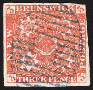 New Brunswick #1 3p Red 1851 VF Used Blue Barred Oval Cancel Rare