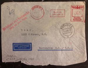 1940 Berlin Germany Meter Cancel Censored cover to HIAS Washington DC Jewish USA