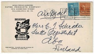 1954 Philadelphia, Penn. cancel on airmail ad cover to FINLAND, Prexies