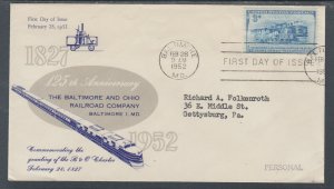 US Planty 1006-42 FDC. 1952 3c B&O Railroad,  Baltimore & Ohio R.R. FIRST CACHET