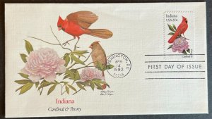 INDIANA CARDINAL & PEONY #1966 APR 14 1982 WASHINGTON DC FIRST DAY COVER BX3-2