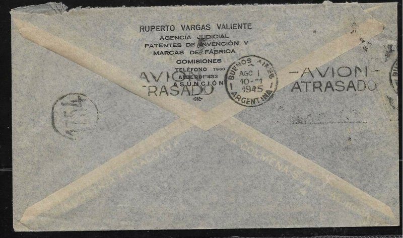 AAMER-54 PARAGUAY 1945 OLD COVER TO ARGENTINA 20 GsX1TRAIN+5/7GSX1 SOLANO LOPEZ 