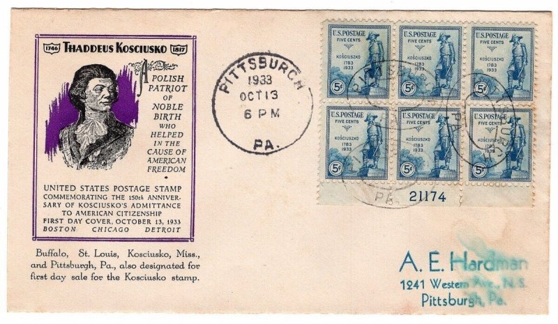 #734 Kosciusko PLATE BLOCK OF 6 CACHETED FDC-SCARCE PITTSBURGH HAND CANCEL-L@@K!