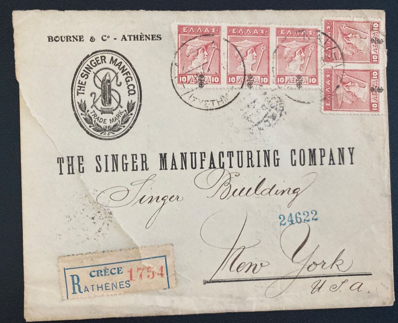 1917 Athens Greece Commercial Registered Cover To Singer Co New York Usa