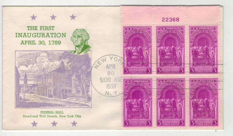 1939 GEORGE WASHINGTON 1st INAUGURATION 854 Jeweled Env PLATE BLOCK OF 6 #22368 
