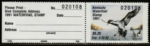 U.S.-KENTUCKY 7a, STATE DUCK HUNTING PERMIT STAMP WITH TAB. MINT, NH. VF