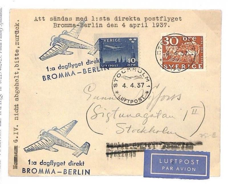 SWEDEN AVIATION 1937 FFC Bromma GERMANY Berlin Air Mail First Flight Cover BE154