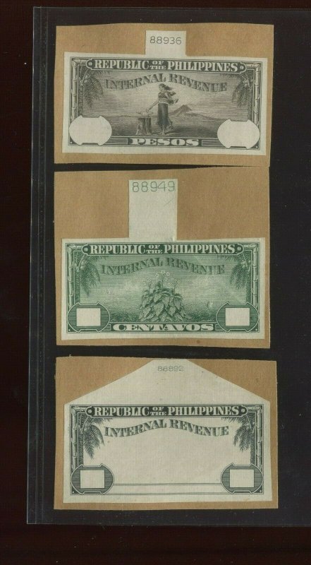 20 Philippines 1943-47 INTERNAL REVENUE PROOF STAMP SET ON CARD + 3 MASTER DIES