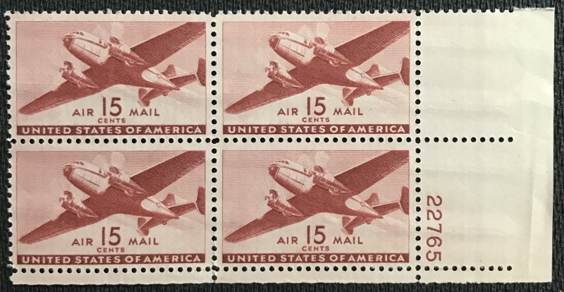 US MNH #C28 Plate Block of 4 LR Twin-Motored Transport SCV $9.00 L44