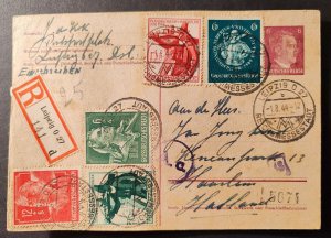 Postcard of the German Reich from 1944 with numerous postage stamps and se...