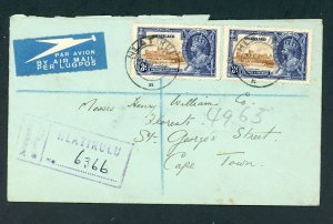 SWAZILAND HLATIKULU 11/27/36 AIR MAIL R-COVER TO CAPE TOWN