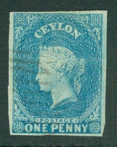 SG 2 Ceylon 1860. 1d milky blue, showing plate wear. Very fine used. 4 margins