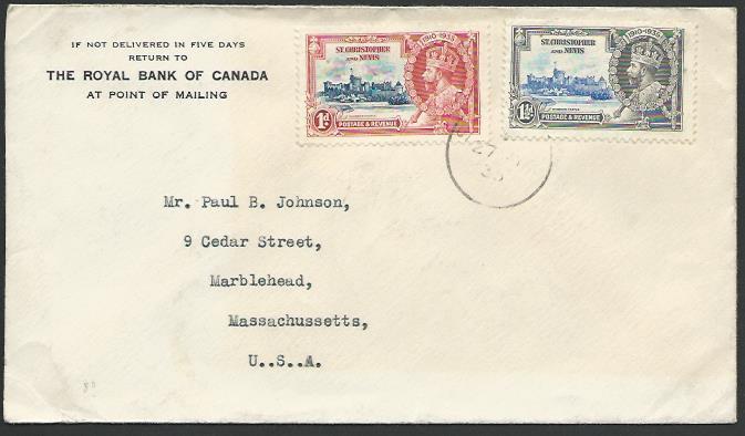 ST KITTS NEVIS 1935 cover to USA, Jubilee 1d & 1½d, St Kitts cds...........53095