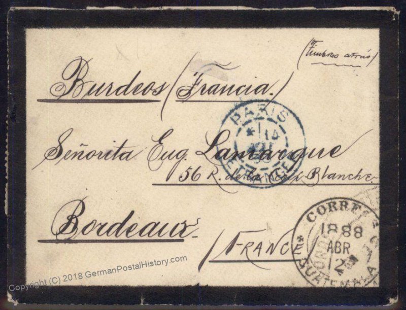 Guatemala 1888 Mourning Cover to Bordeaux France 92794